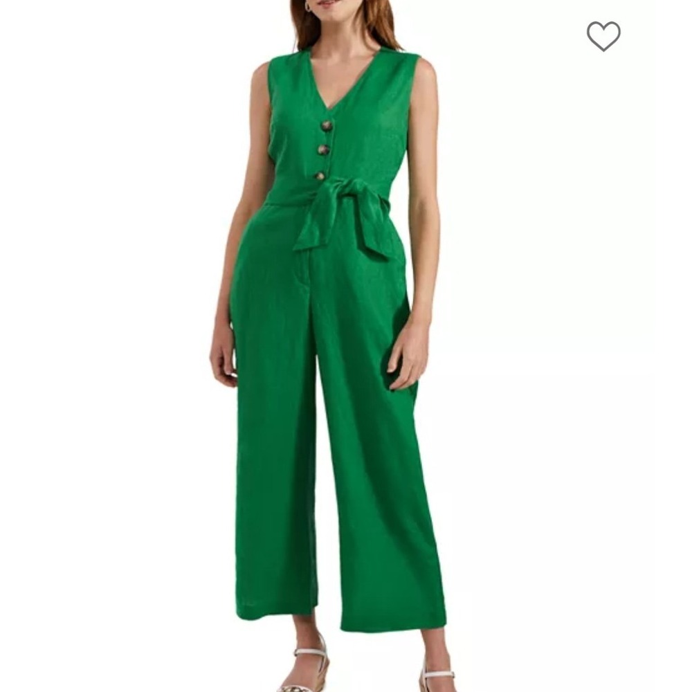 Hobbs London Melodie Jumpsuit Green 100% Linen V-Neck Tie Waist US 12 NEW Resort